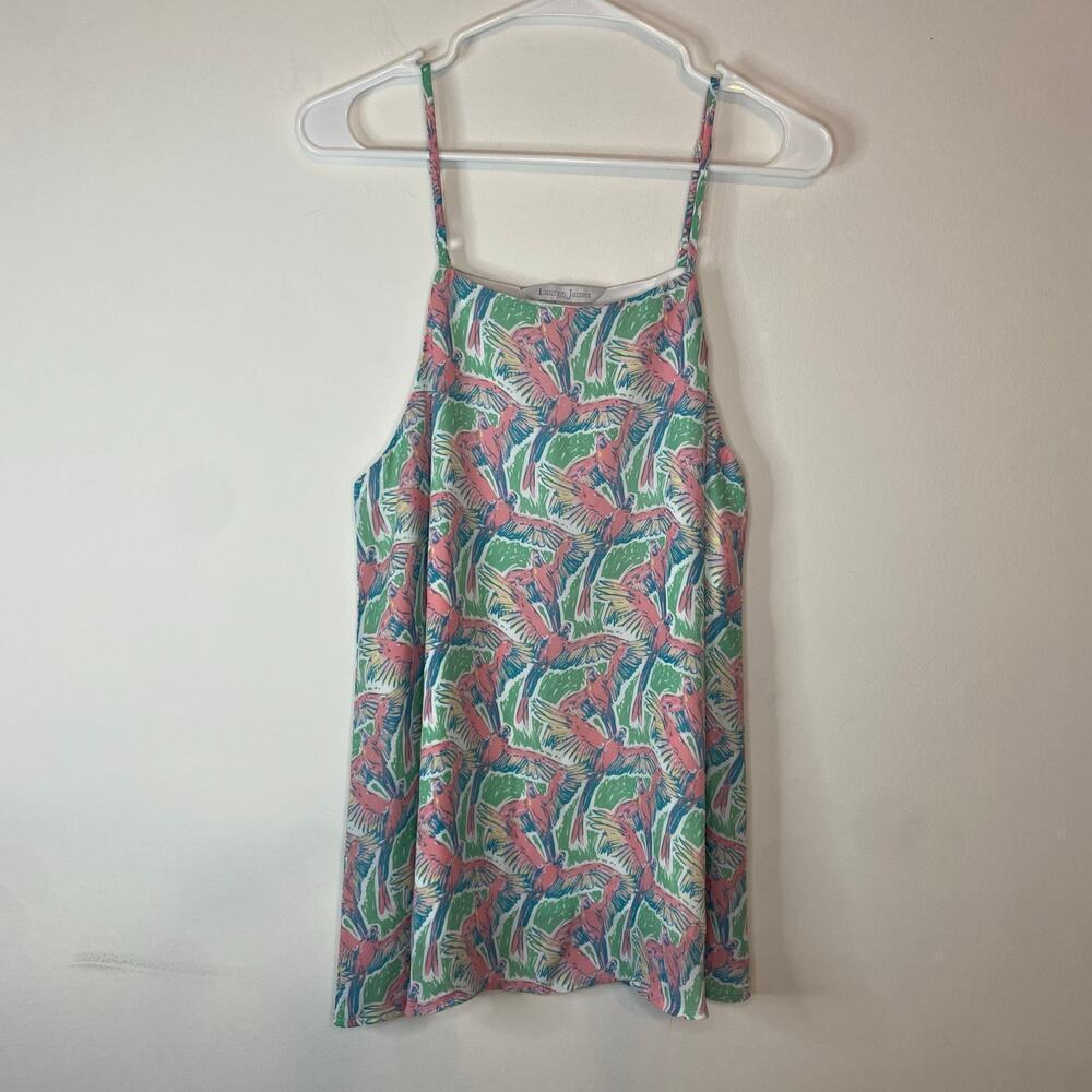 Lauren James Flamingo Green Pink Spaghetti Strap Tank Top Beach Vacation Medium‎